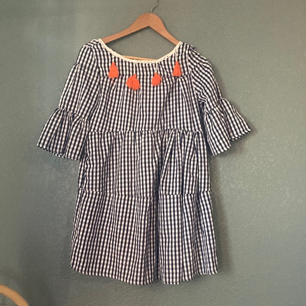 Navy and White Checkered Dress with Orange Tassel Detail